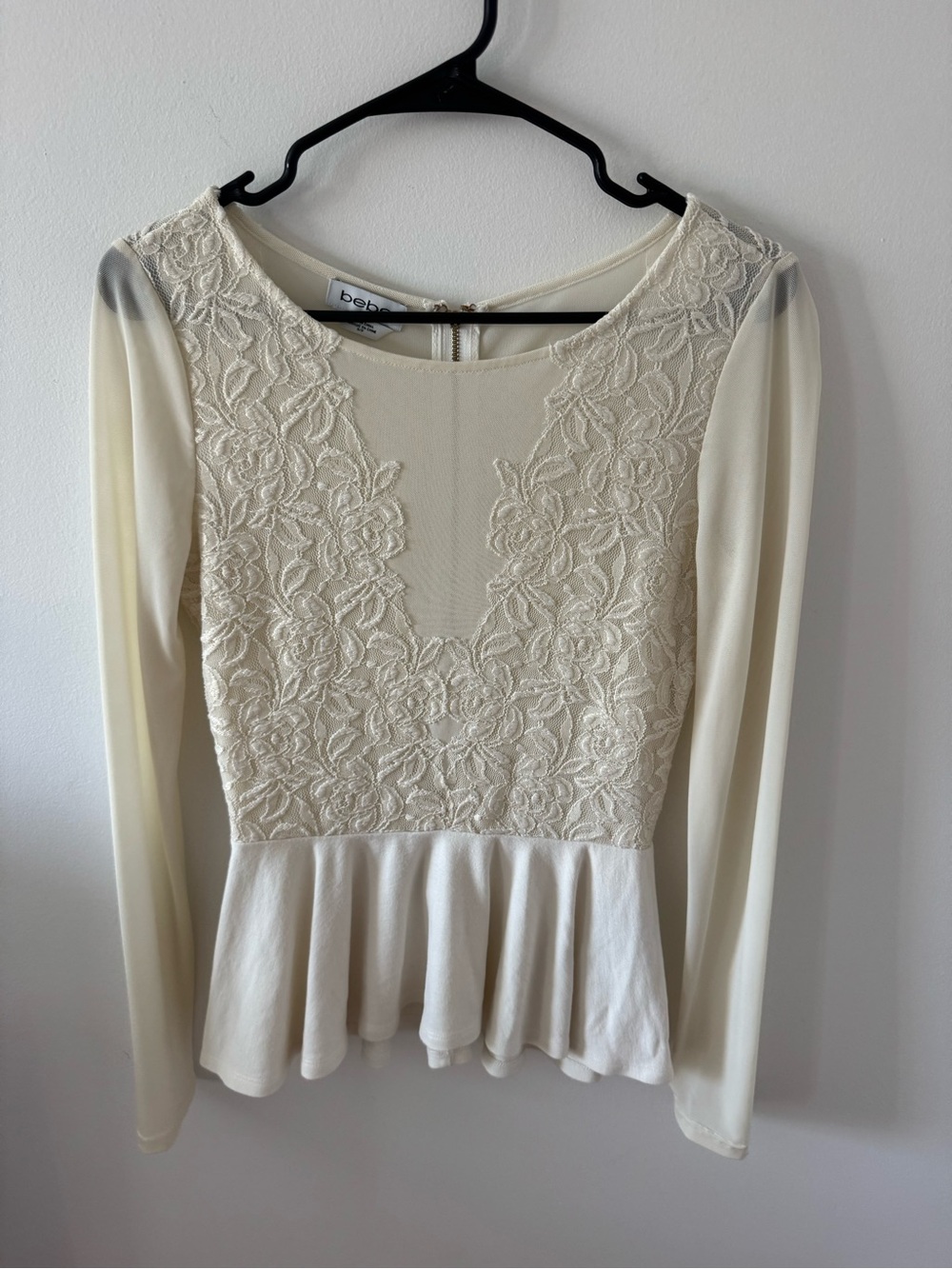 bebe Ivory Lace Peplum Long Sleeve Top